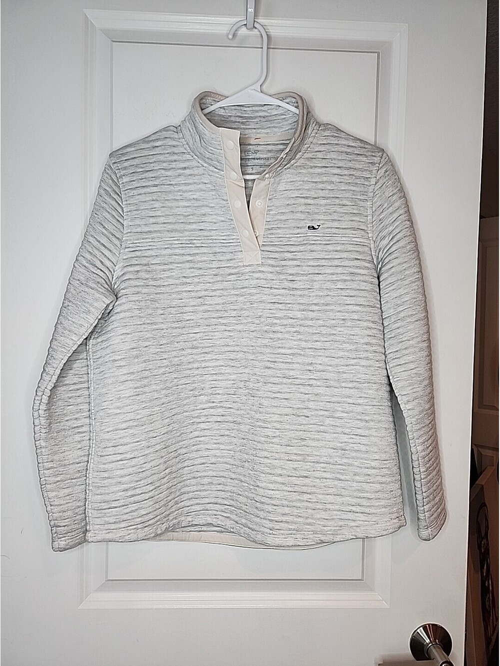 Vineyard Vines Sweater Ribbed Womens S Pullover 1/4 Snap Quilted Gray Snap Logo